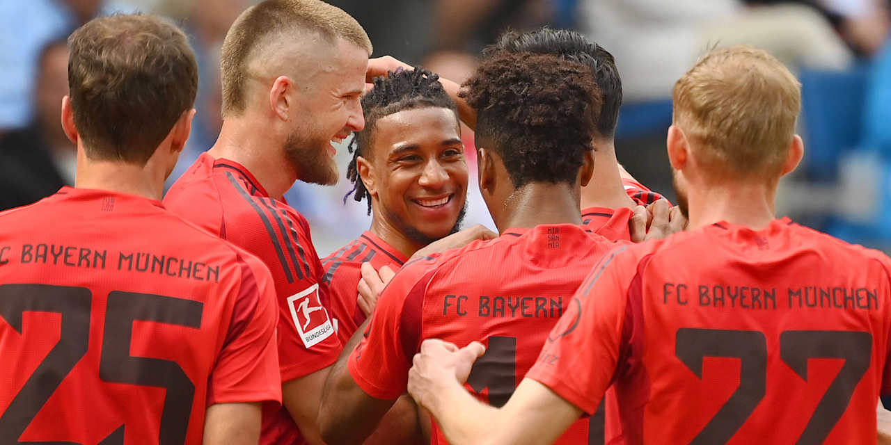 Michael Olise celebrates after scoring the FC Bayern May 2025 Goal of the Month.