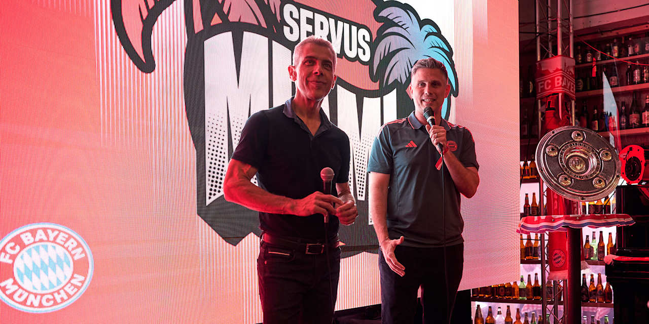 Michael Diederich gives a talk at the fan event at the Fritz & Franz Bierhaus in Miami