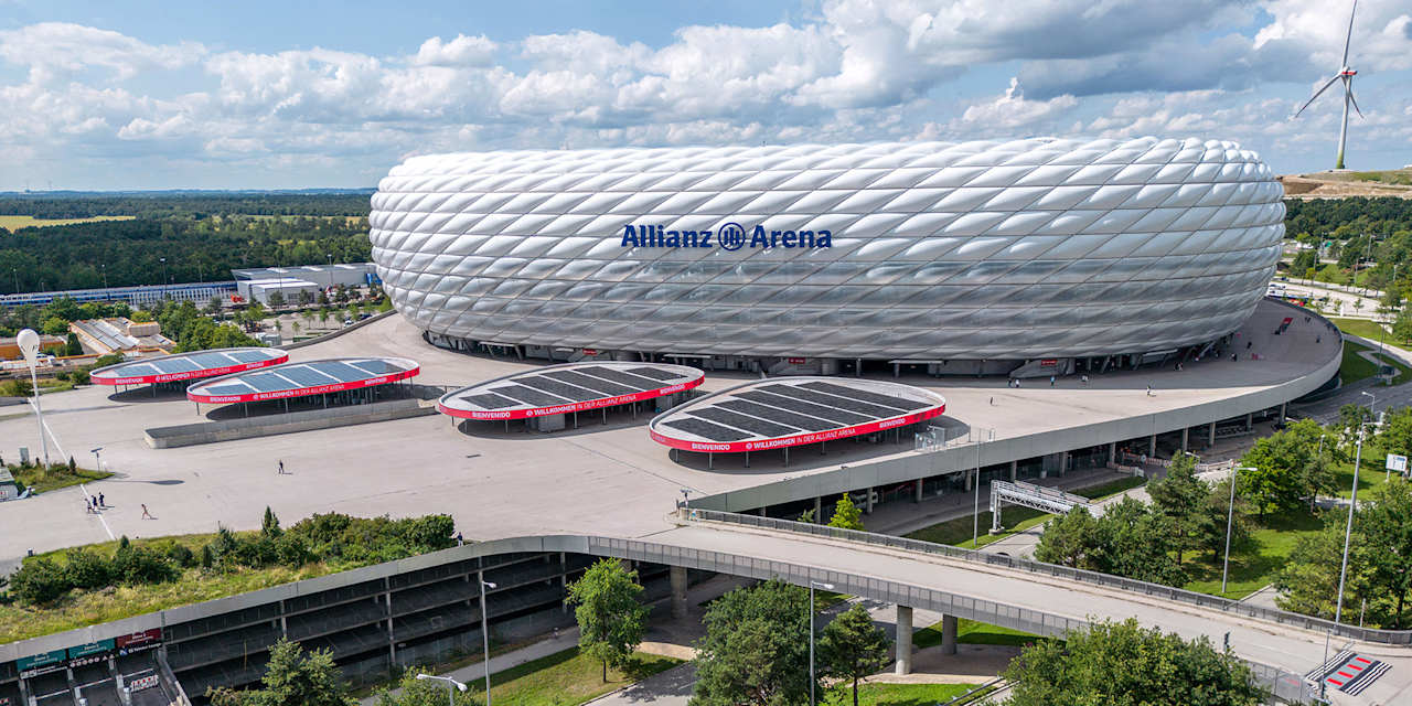 Luftaufnahme der Allianz Arena mit der Esplanade sowie Parkhäusern