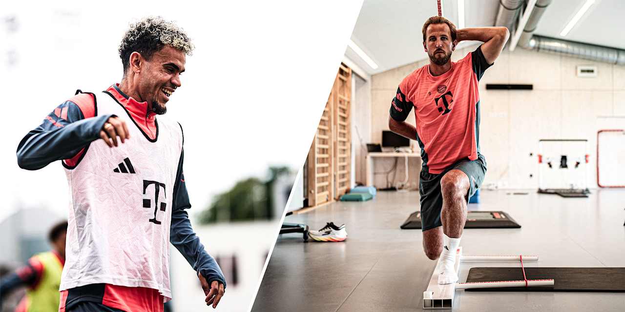 Grafik mit Luis Diaz und Harry Kane im Training des FC Bayern