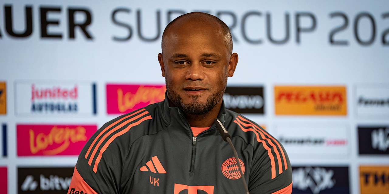 FC Bayern head coach Vincent Kompany at Bayern's pre-match press conference ahead of the Supercup against VfB Stuttgart
