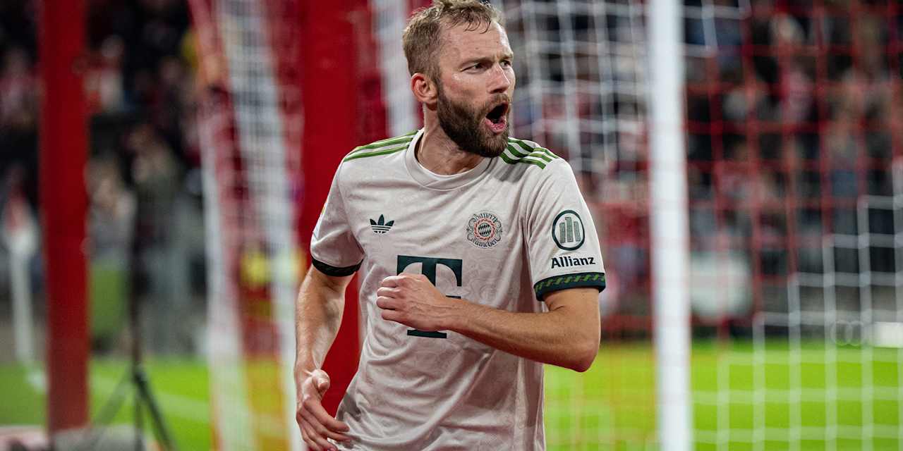 Konrad Laimer bejubelt sein Tor zum 4:0 im Bundesliga-Heimspiel des FC Bayern gegen den SV Werder Bremen.