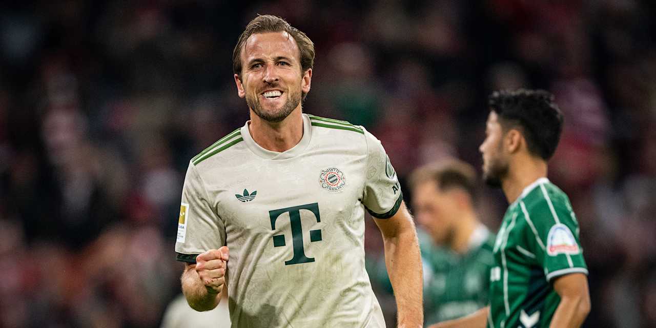 Harry Kane bejubelt sein Tor zum 2:0 im Bundesliga-Heimspiel des FC Bayern gegen den SV Werder Bremen.