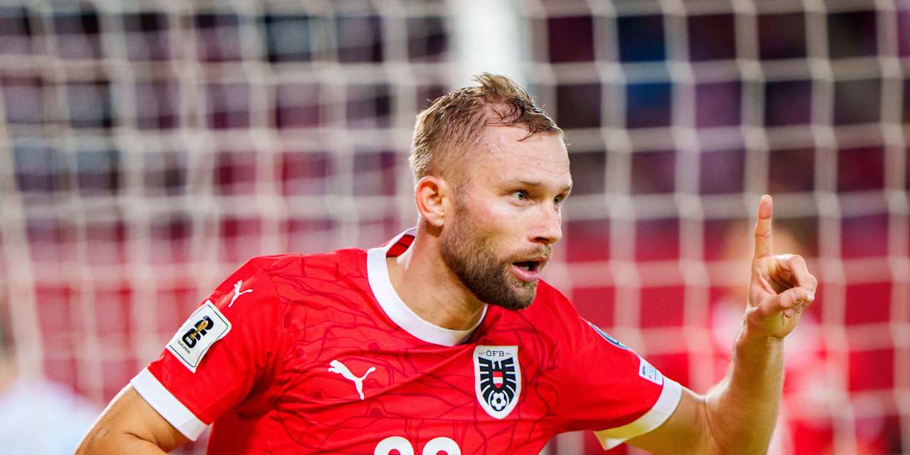 Konrad Laimer jubelt mit erhobenem Finger im Länderspiel Österreich gegen San Marino