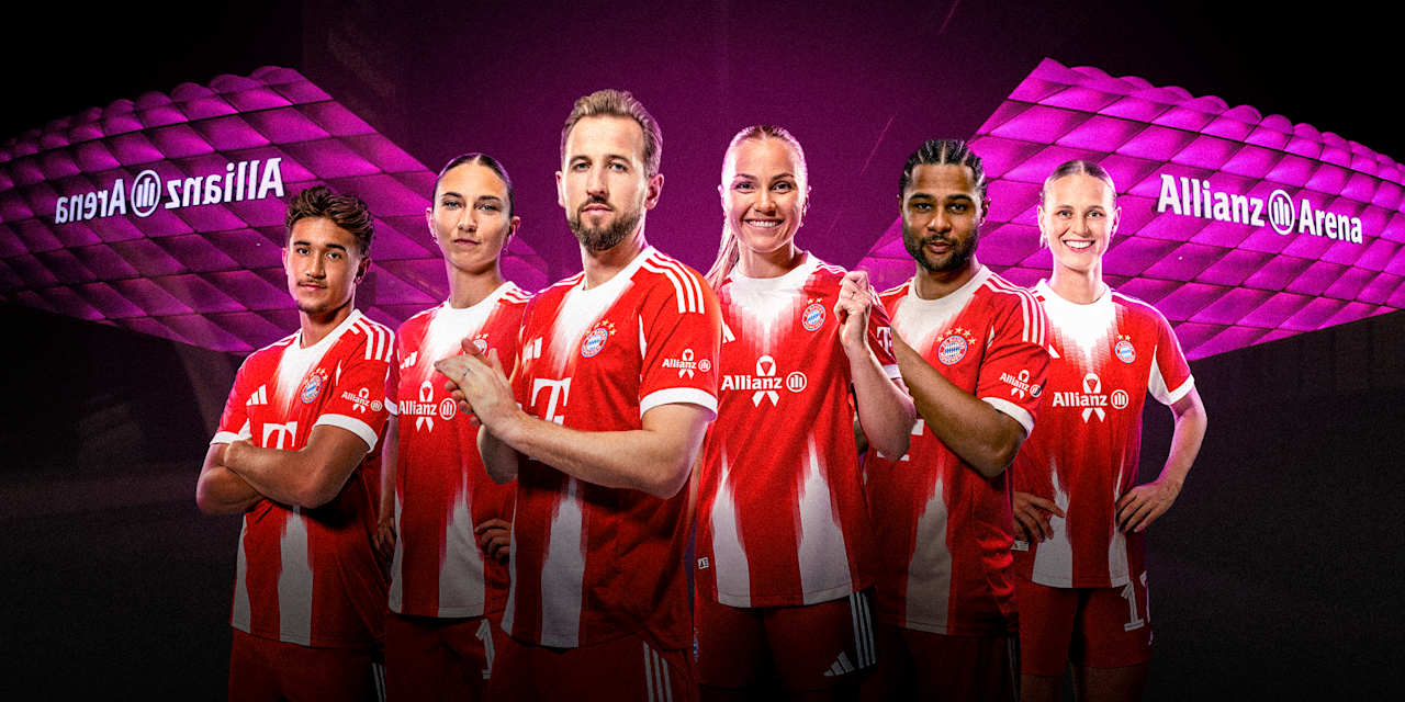 Kollage: Spieler und Spielerinnen des FC Bayern stehen vor der pink beleuchteten Allianz Arena