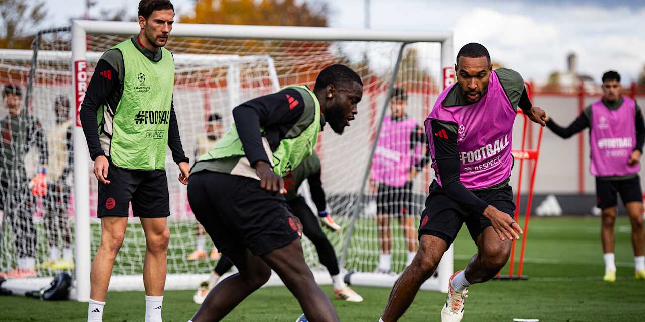 Dayot Upamecano and Jonathan Tah in a challenge in FC Bayern's final training session before the match against Club Brugge