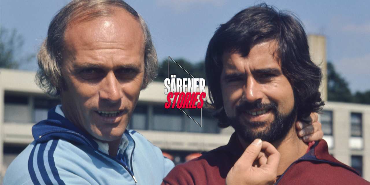 Der Meistertrainer und sein Vollstrecker: Udo Lattek 1974 mit dem bärtigen Gerd Müller.