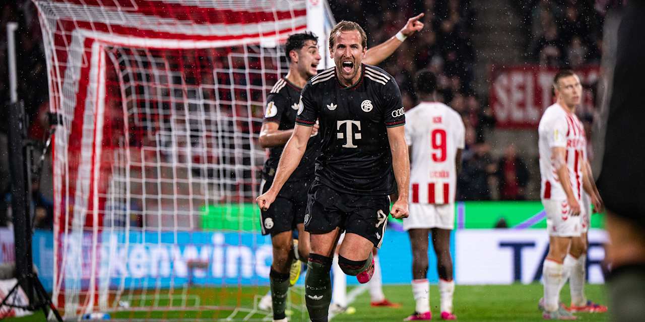 Harry Kane bejubelt sein Tor zum 3:1 im DFB-Pokal-Spiel des FC Bayern beim 1. FC Köln.