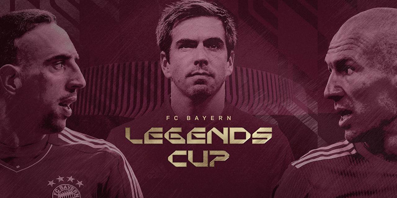 Grafik mit Franck Ribery, Philipp Lahm und Arjen Robben sowie einem goldenen Schriftzug "FC Bayern Legends Cup"