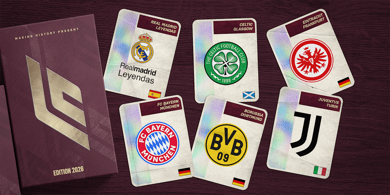 Grafik mit den teilnehmenden Clubs des FC Bayern Legends Cups - Real Madrid, Celtic Glasgow, Eintracht Frankfurt, FC Bayern, Borussia Dortmund, Juventus