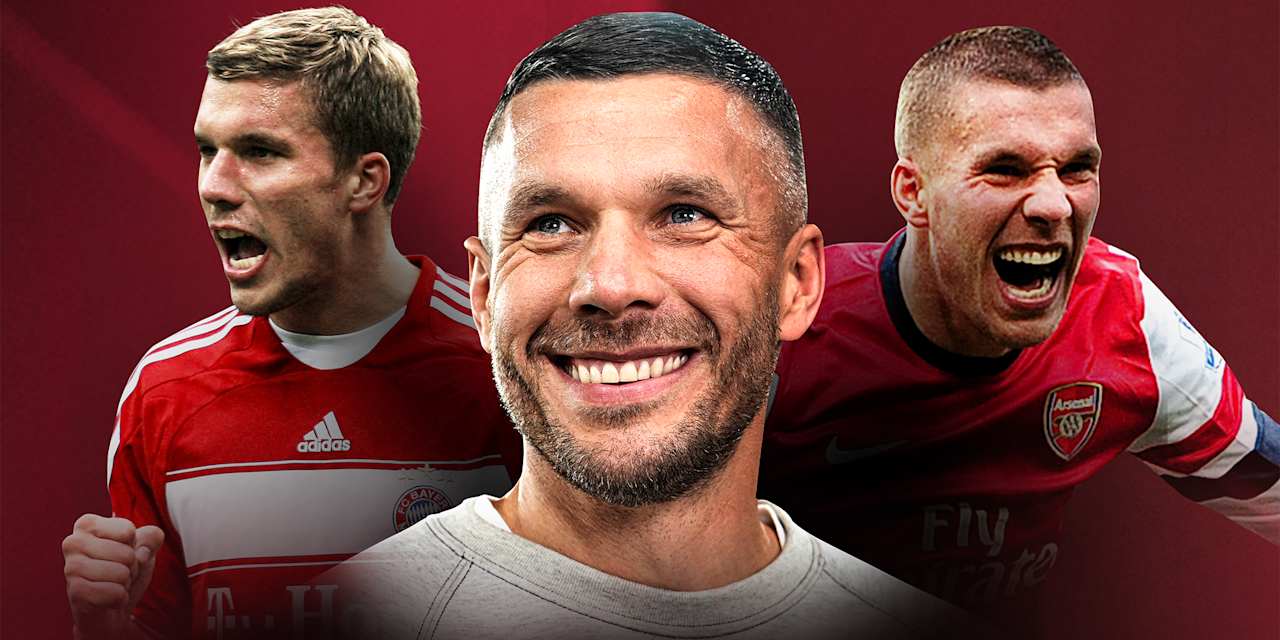 Drei Bilder von Lukas Podolski mit Bayern- und Arsenal-Trikots