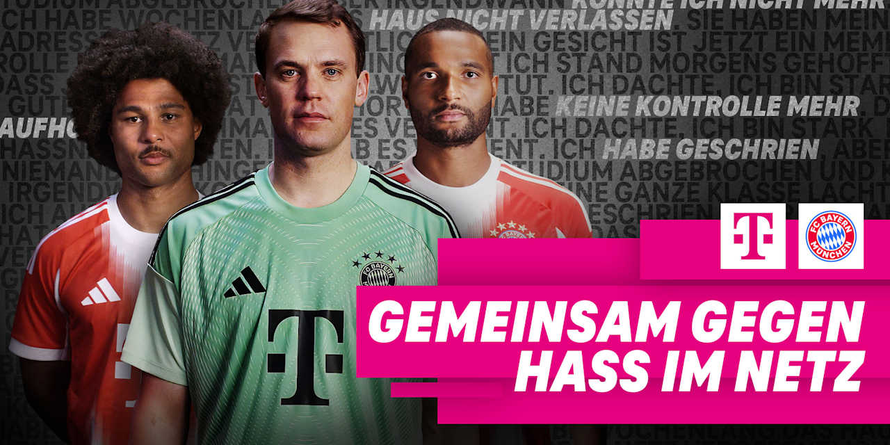 Grafik zur Kampagne Gemeinsam gegen Hass im Netz mit Porträtfotos von Serge Gnabry, Manuel Neuer und Jonathan Tah