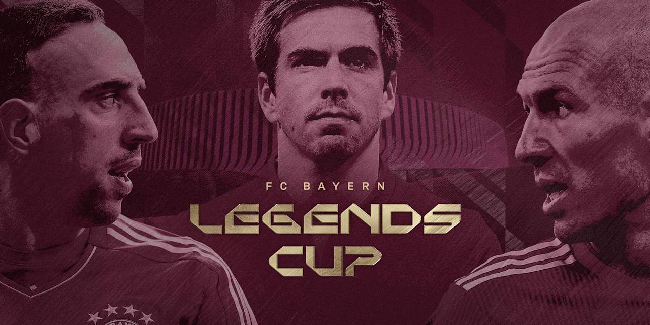 Grafik mit Franck Ribery, Philipp Lahm und Arjen Robben sowie einem goldenen Schriftzug "FC Bayern Legends Cup"