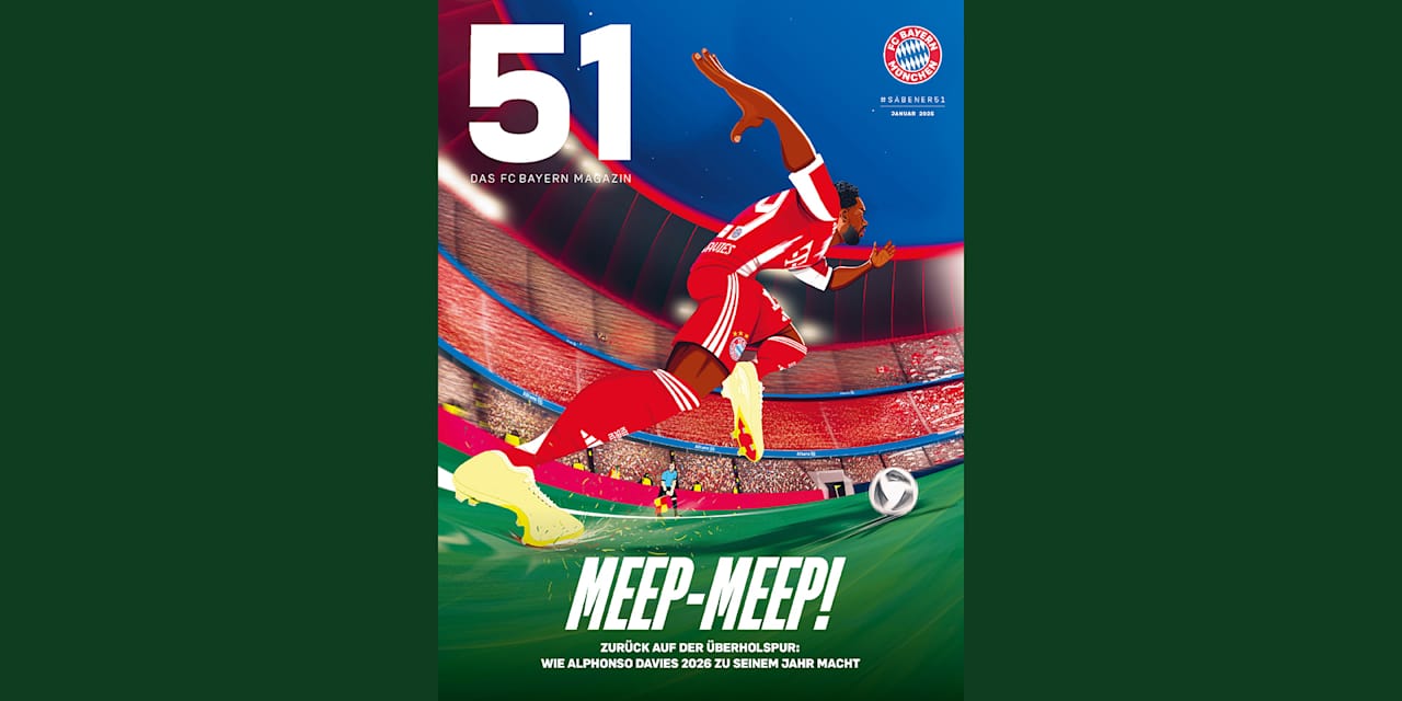 Cover des FC Bayern Magazin 51 im Januar 2026 mit einer Illustration von Alphonso Davies