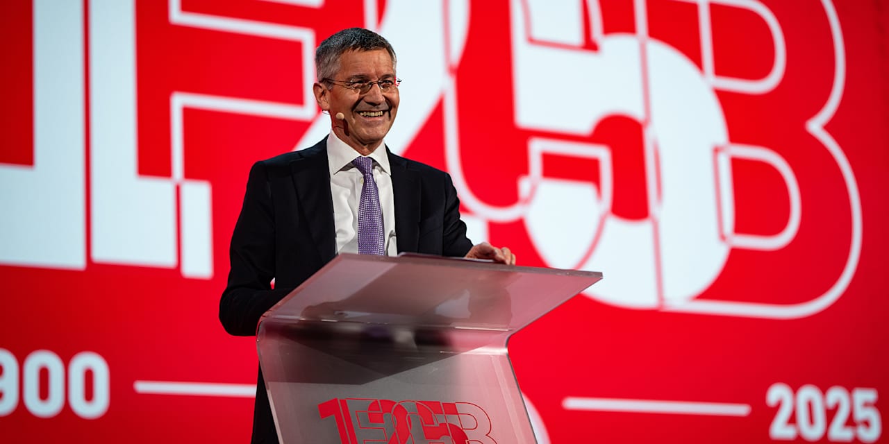 Herbert Hainer gives a speech at FC Bayern's 125th anniversary celebrations