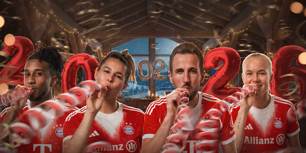 Grafik: Michael Olise, Lena Oberdorf, Harry Kane und Pernille Harder mit Luftschlangen in einem Raum der für Neujahr 2026 geschmückt ist