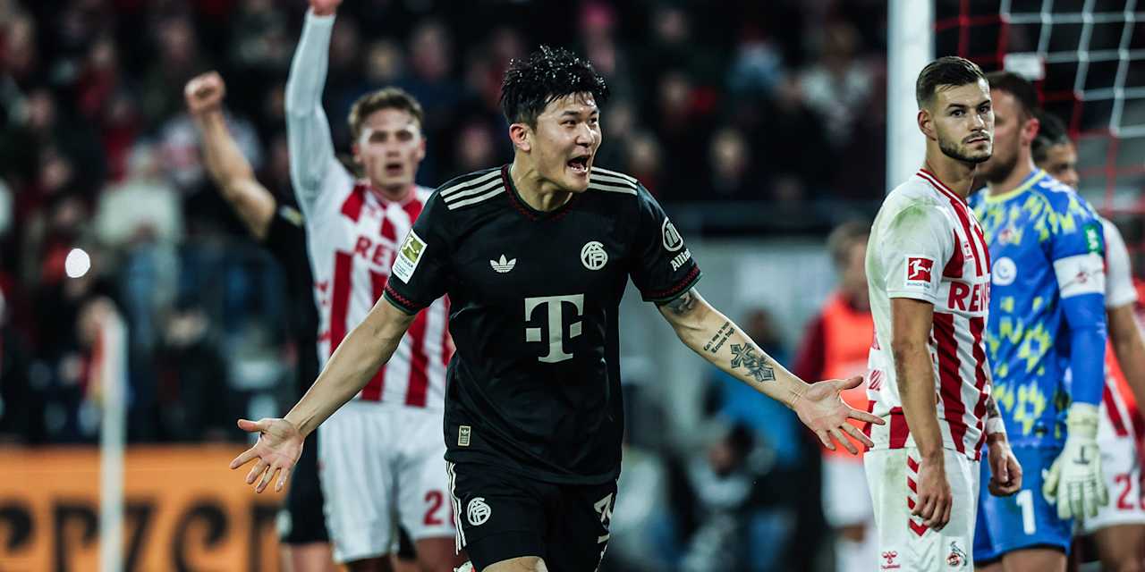 Minjae Kim jubelt nach dem 2:1 im Bundesliga-Spiel des FC Bayern beim 1. FC Köln