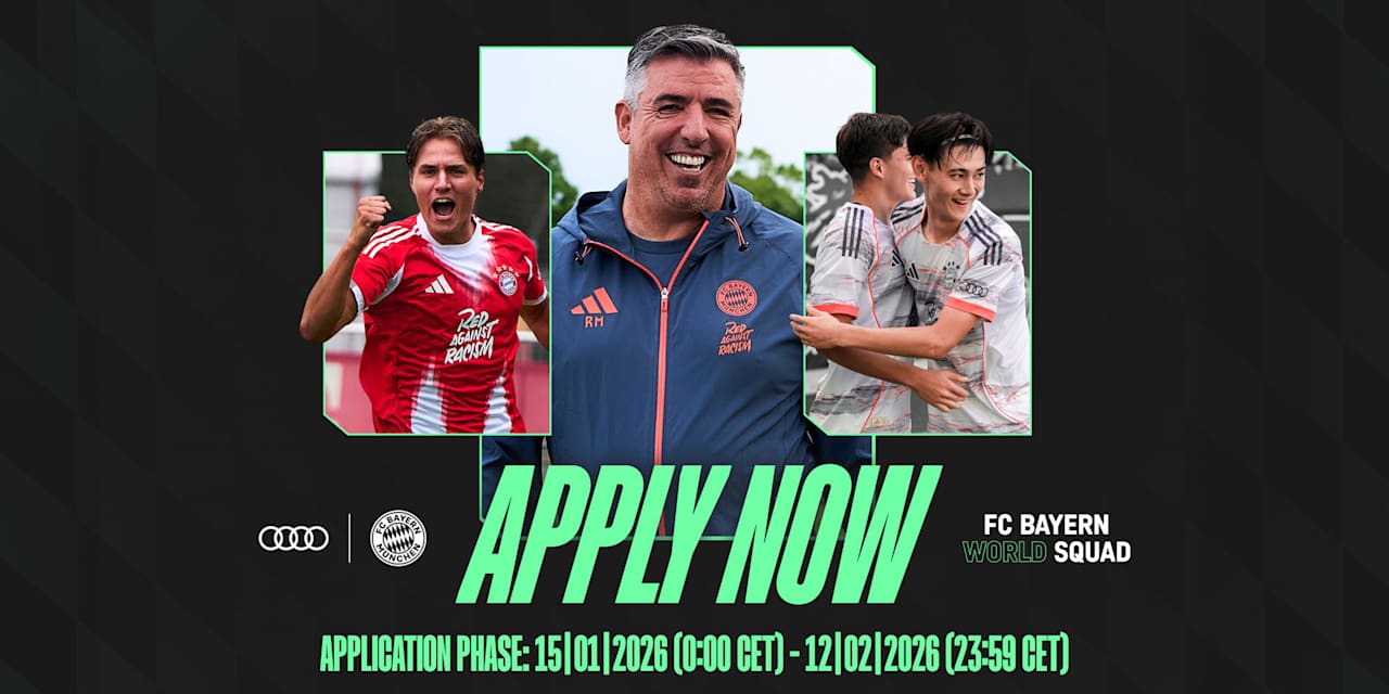Grafik zum FC Bayern World Squad mit Schriftzug Apply now