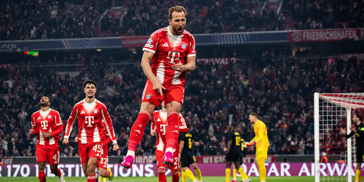 Harry Kanes Jubelsprung nach dem 1:0 im Champions League-Spiel des FC Bayern gegen Royale Union Saint-Gilloise