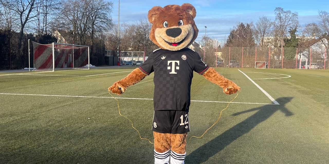 Berni auf dem Kunstrasenplatz mit einem Sprungseil hinter seinen Beinen.