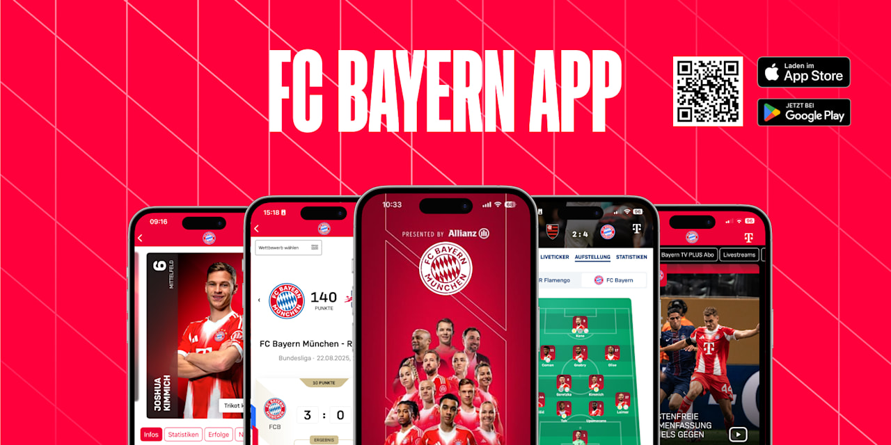 Werbegrafik für die FC Bayern App mit fünf Smartphone-Screens auf einem roten Hintergrund, die verschiedene Funktionen der App zeigen. Von links nach rechts: Spielerinfos, Tippspiel, Startseite, Spieltagsinfos und News. Oben mittig ist ein Schriftzug FC Bayern App, daneben ein QR-Code sowie Download-Logos für App Store und Google Play.