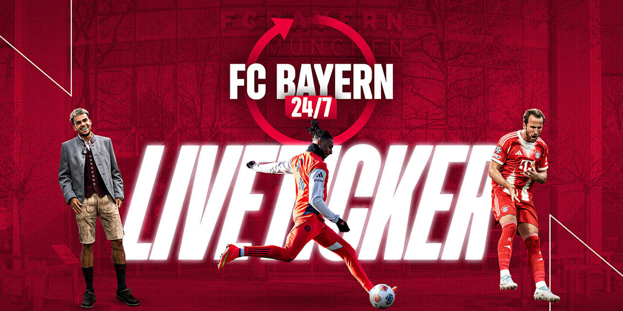 Rote Grafik mit dem Schriftzug FC Bayern 24/7 und Luis Díaz, Michael Olise und Harry Kane