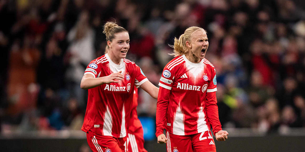 Pernille Harder und Alara bejubeln ein Tor gegen Arsenal in der Allianz Arena.