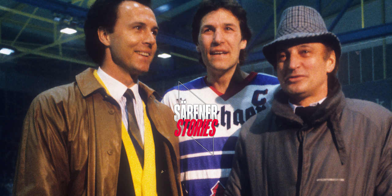 Der Kaiser auf dem Eis, mit DEB-Kapitän Alois Schloder (Mitte) und dem legendären Bundestrainer Xaver "Xari" Unsinn.