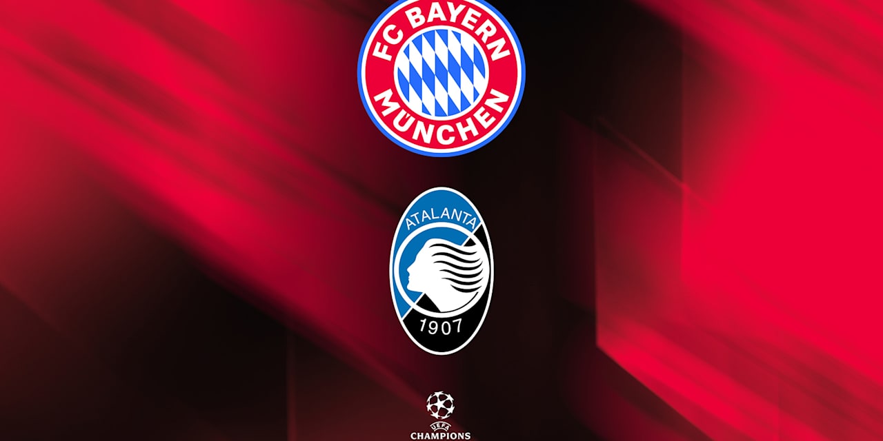 Logotipos del FC Bayern, el Atalanta Bergamo y la Champions League sobre fondo negro y rojo.