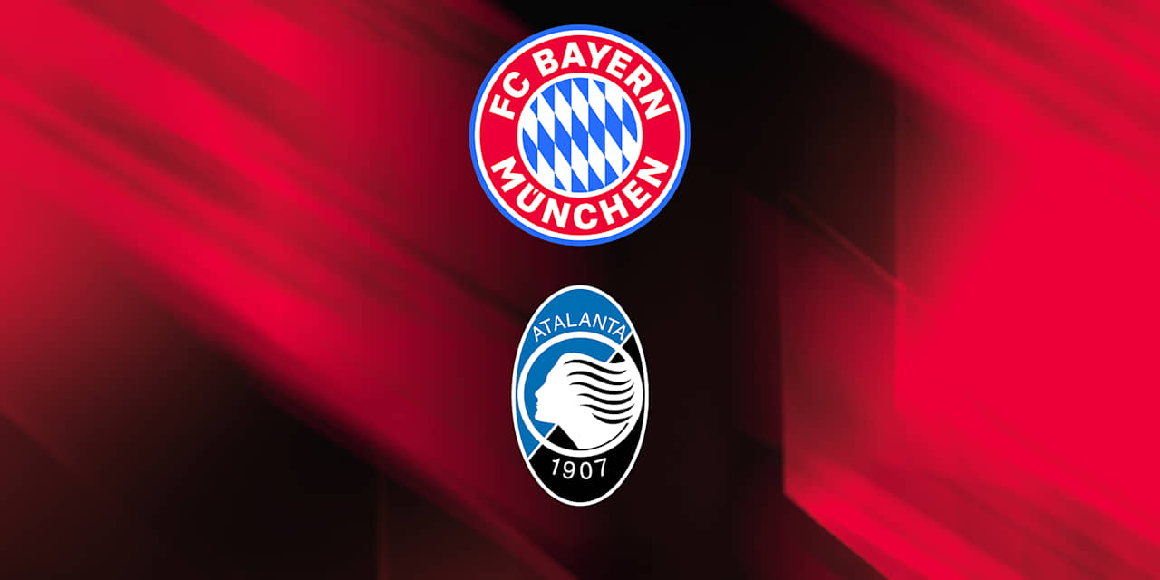 Logos des FC Bayern, Atalanta Bergamo und der Champions League auf schwarz-rotem Hintergrund