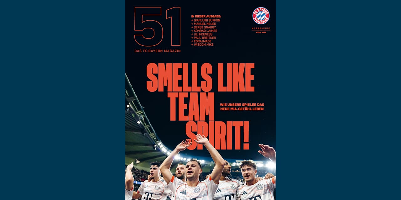 Cover des FC Bayern-Magazins 51 März 2025 mit jubelnden Bayern-Spielern und dem Titel Smells like Teen Spirit