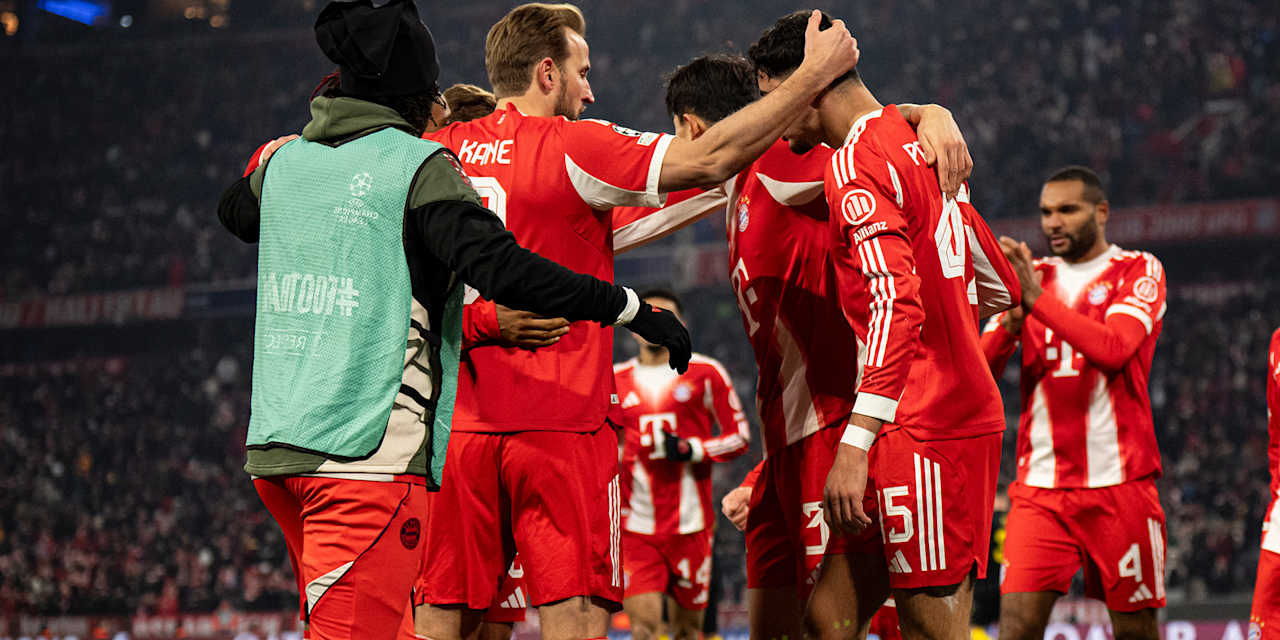 Harry Kane jubelt mit den Kollegen nach dem 1:0 im Champions League-Spiel des FC Bayern gegen Royale Union Saint-Gilloise
