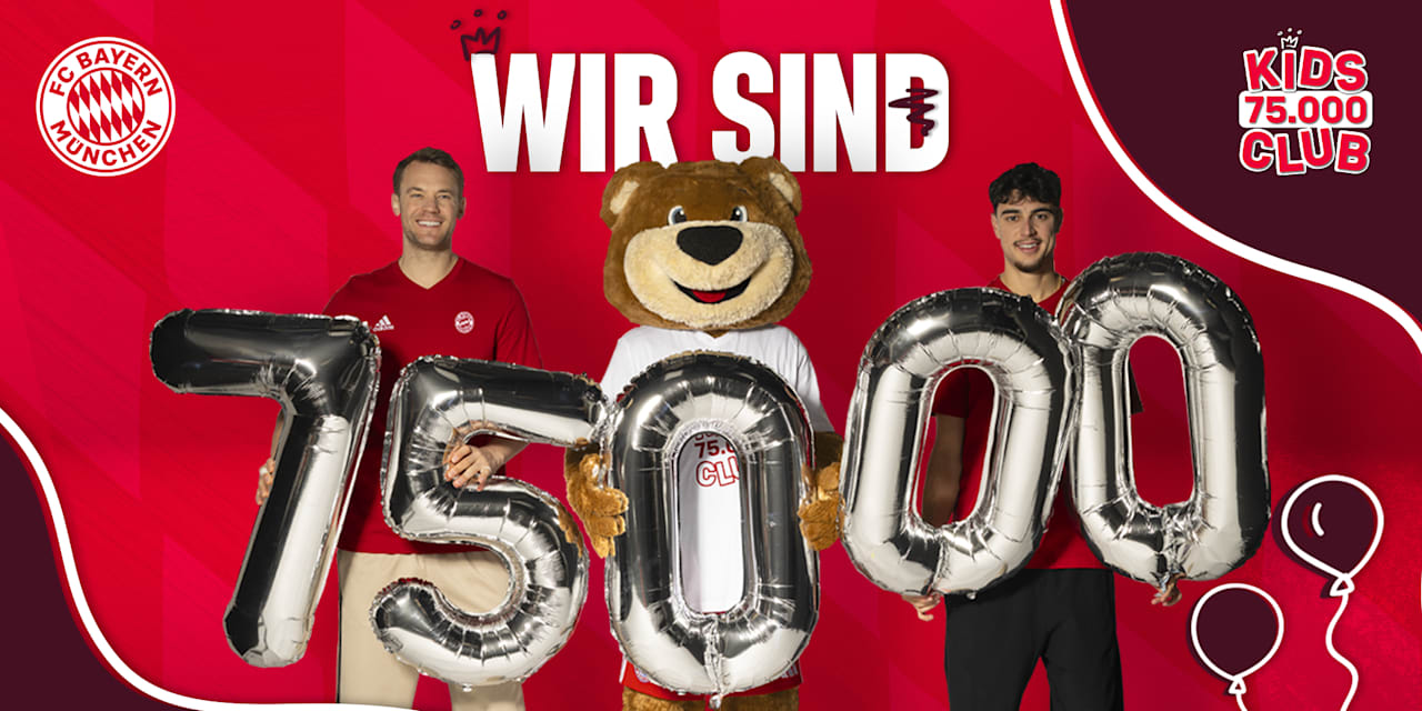 Berni, Manuel Neuer und Aleks Pavlovic halten Luftballons hoch, die die Zahl 75.000 darstellen