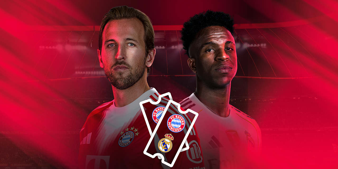 Harry Kane und Vinicius auf einer roten Grafik.