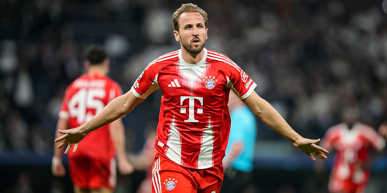 Harry Kane breitet jubelnd die Arme aus während des Viertelfinal-Hinspiels des FC Bayern bei Real Madrid