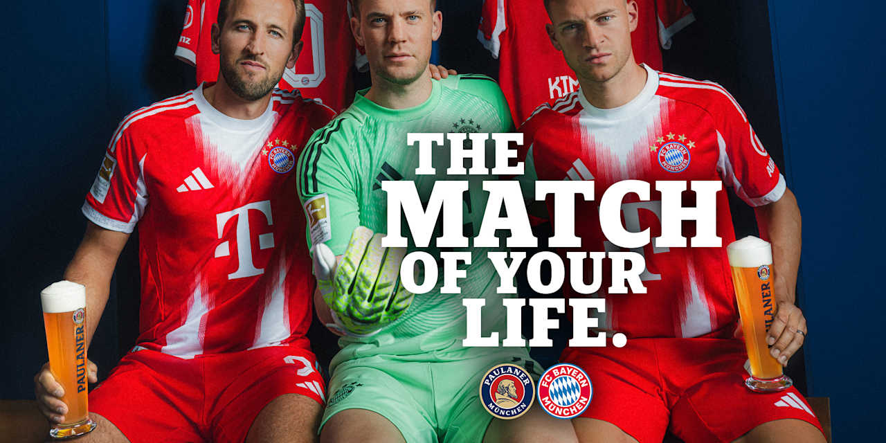 Harry Kane, Manuel Neuer und Joshua Kimmich sitzen in einer Kabine mit Paulaner Bier - auf dem Bild steht der Schriftzug "The match of your life"