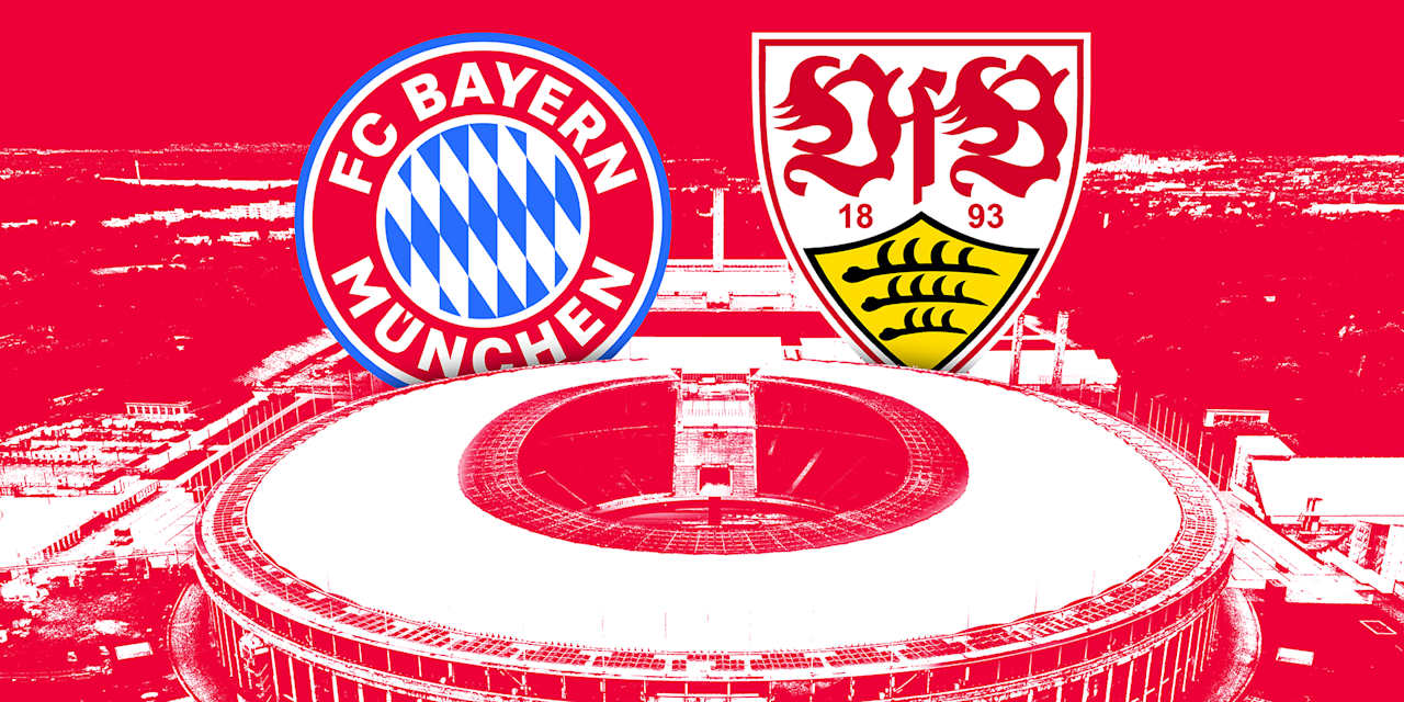 Grafik mit den Logos vom FC Bayern und VfB Stuttgart und dem Berliner Olympiastadion