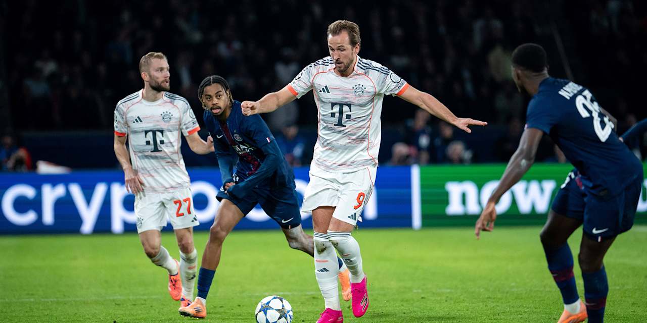 Harry Kane dribbelt mit dem Ball im Champions League-Spiel des FC Bayern bei Paris Saint-Germain.