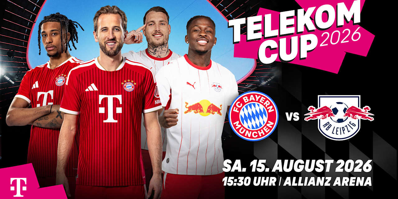 Graphic with Michael Olise, Harry Kane, David Raum and El Chadaille Bitshiabu, the club crests of FC Bayern and RB Leipzig, and the words ‘Telekom Cup’