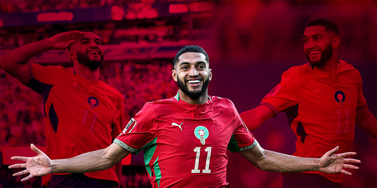 Grafik mit Jubelbildern von Ismael Sabari im Trikot der marokkanischen Nationalmannschaft.