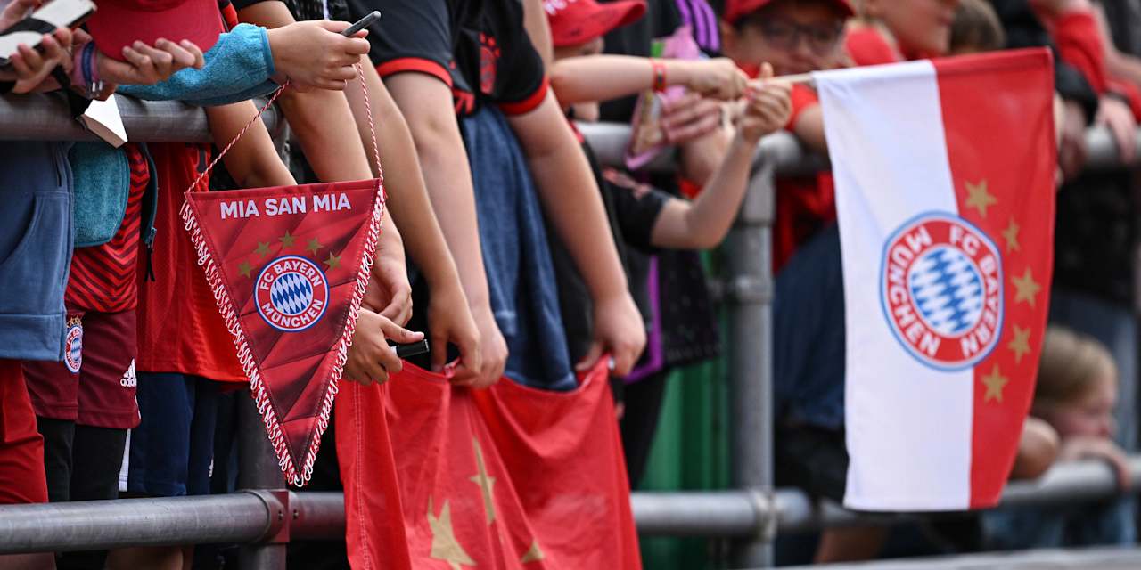 Fans mit Wimpel und Fahne des FC Bayern warten auf die Spieler für Unterschriften