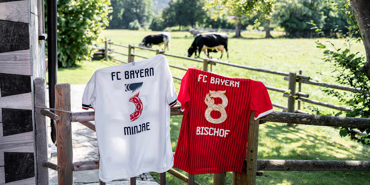 Zwei FC Bayern-Trikots mit den Sonderflocks der Audi Summer Tour hängen an einem Zaun