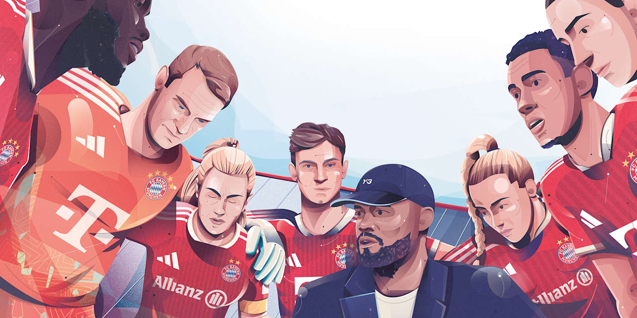 Illustration von VIncent Kompany und Spielerinnen und Spielern des FC Bayern bei einer Ansprache