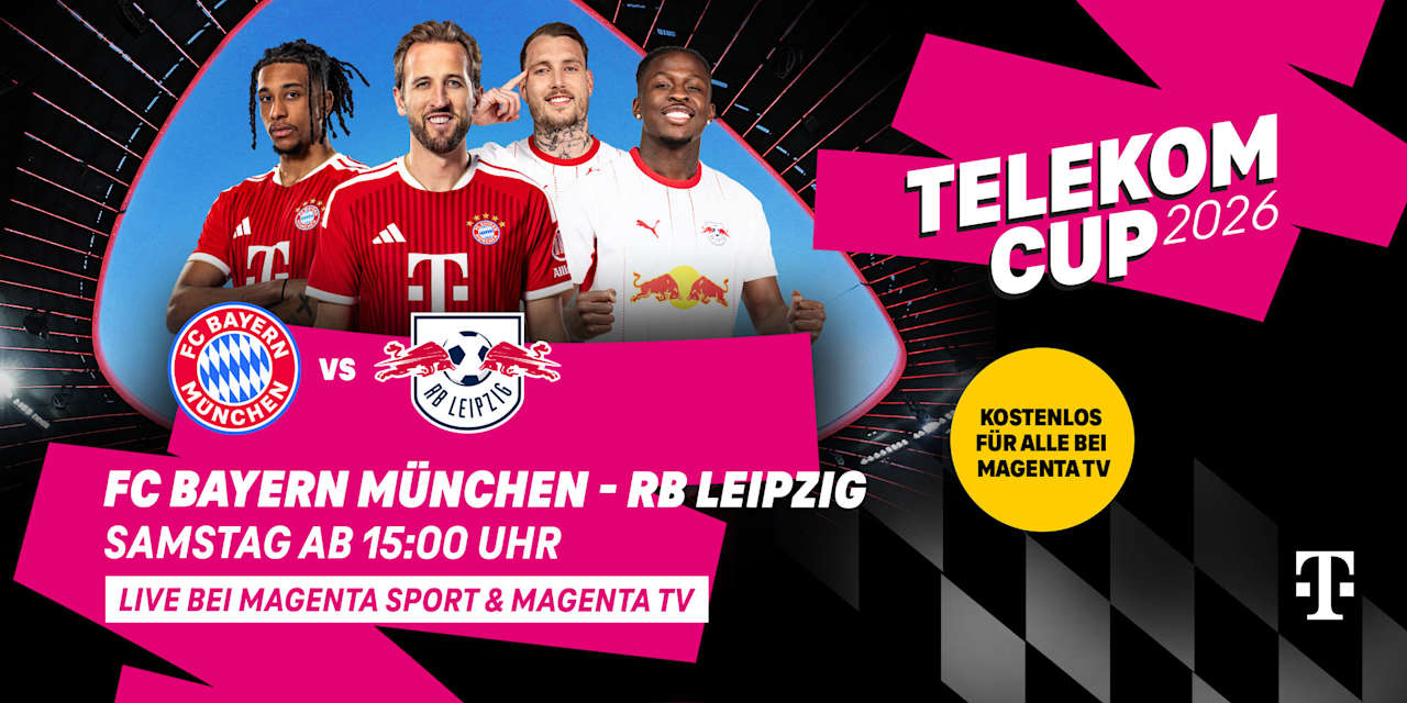 Grafik mit Michael Olise, Harry Kane, David Raum und El Chadaille Bitshiabu, den Logos des FC Bayern und von RB Leipzig und dem Schriftzug Telekom Cup