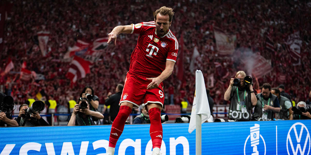 Harry Kane bejubelt sein Tor zum 1:0 im DFB-Pokal-Finale zwischen dem FC Bayern und dem VfB Stuttgart.