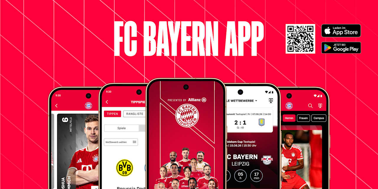 Werbegrafik für die FC Bayern App mit fünf Smartphone-Screens auf einem roten Hintergrund, die verschiedene Funktionen der App zeigen. Von links nach rechts: Spielerinfos, Tippspiel, Startseite, Spieltagsinfos und News. Oben mittig ist ein Schriftzug FC Bayern App, daneben ein QR-Code sowie Download-Logos für App Store und Google Play.
