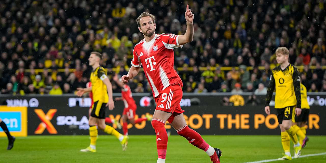Harry Kane jubelt während des Bundesliga-Topsspiels des FC Bayern bei Borussia Dortmund
