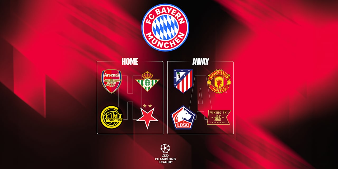 Gegner des FC Bayern in der Champions League - Logos von Arsenal, Betis, Bodo/Glimt und Slavia Prag als Heimspiele, von Atletico, Man Utd, OSC Lille und Viking Stavanger als Gastspiele