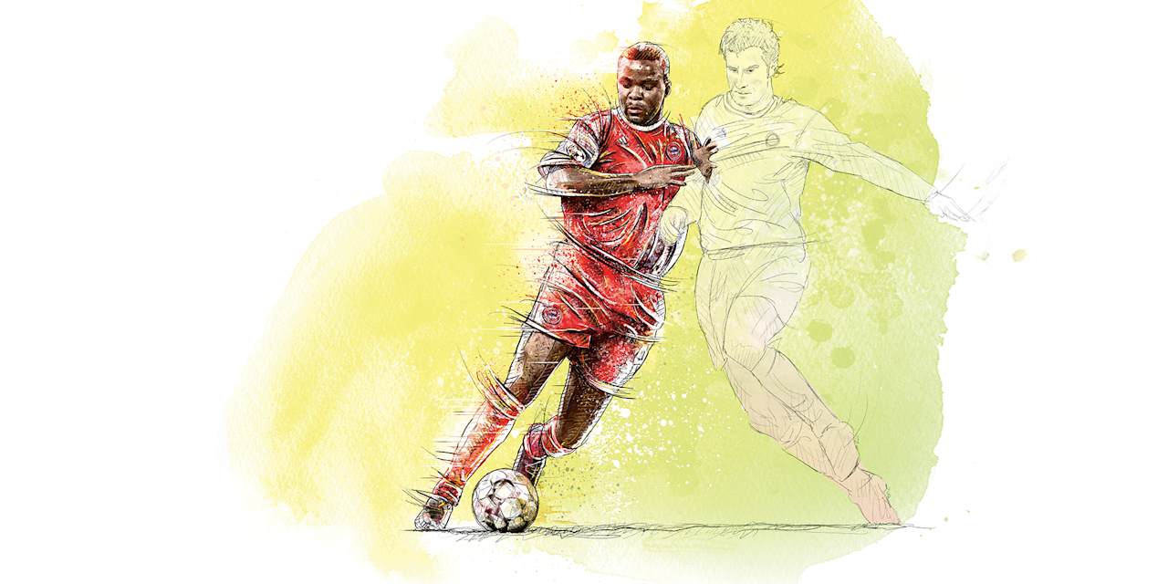 Illustration von Sammy Kuffour im Zweikampf