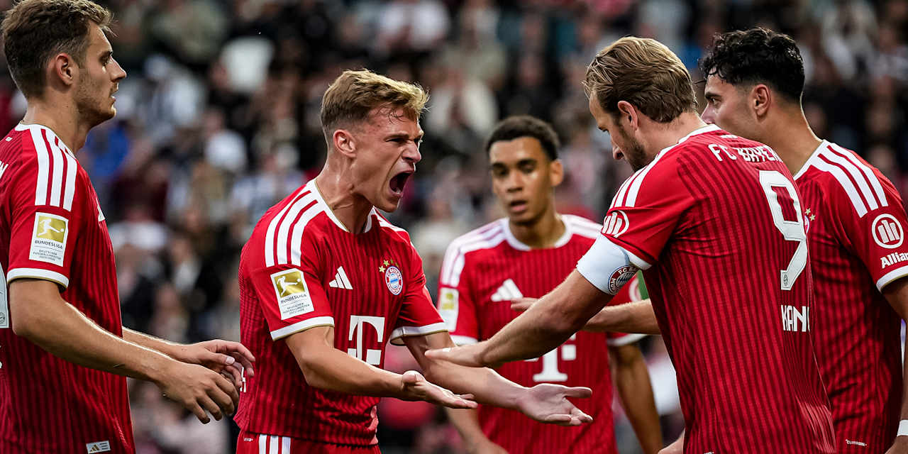 Joshua Kimmich schreit vor Freude während des Gastspiels des FC Bayern in der Bundesliga bei der SV Elversberg